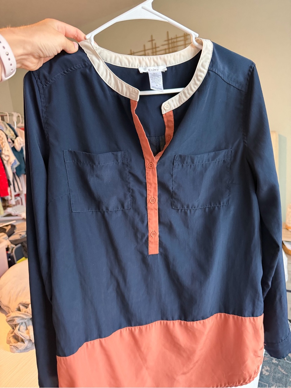 Esley Colorblock Navy Rust Long Sleeve Women’s Top Blouse for fall